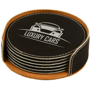 Round leatherette coaster set from Sporty's Awards, Clarksville, TN.