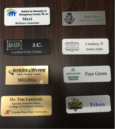 Custom name tags from Sporty's Awards, Clarksville, TN.